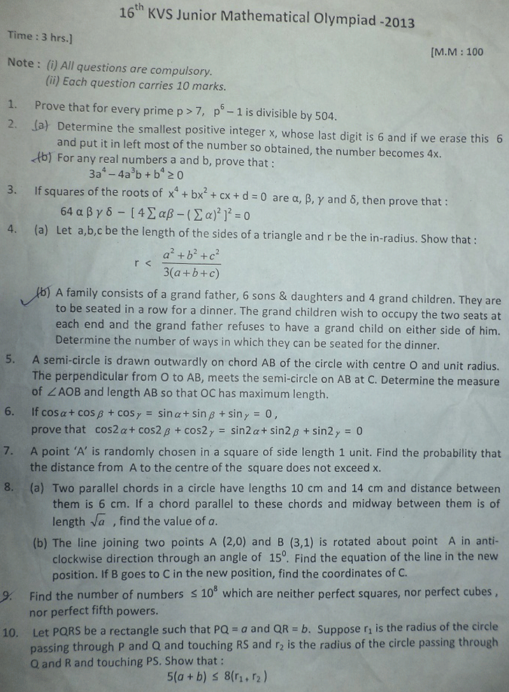 junior maths olympiad 2013 question paper