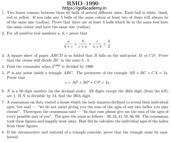 regional maths olympiad 1990 question paper