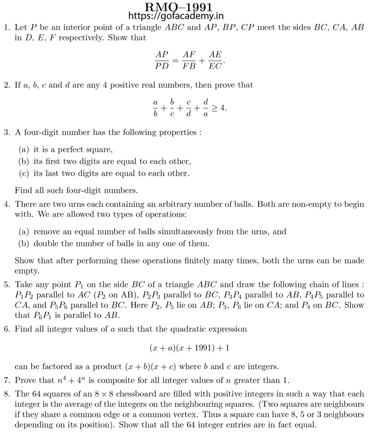 regional maths olympiad 1991 question paper