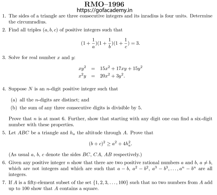 regional maths olympiad 1996 question paper