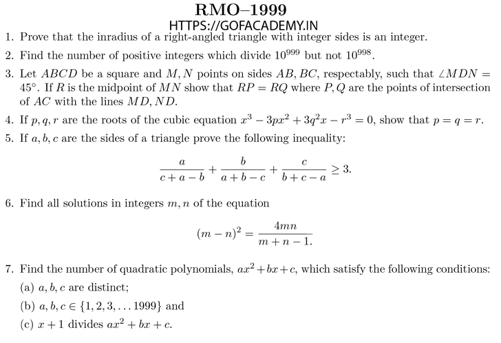 regional maths olympiad 1999 question paper